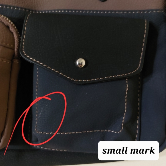 Soft Faux Leather Small Navy Blue Black Tan Colorblock Utility Handbag Purse - Picture 5 of 11